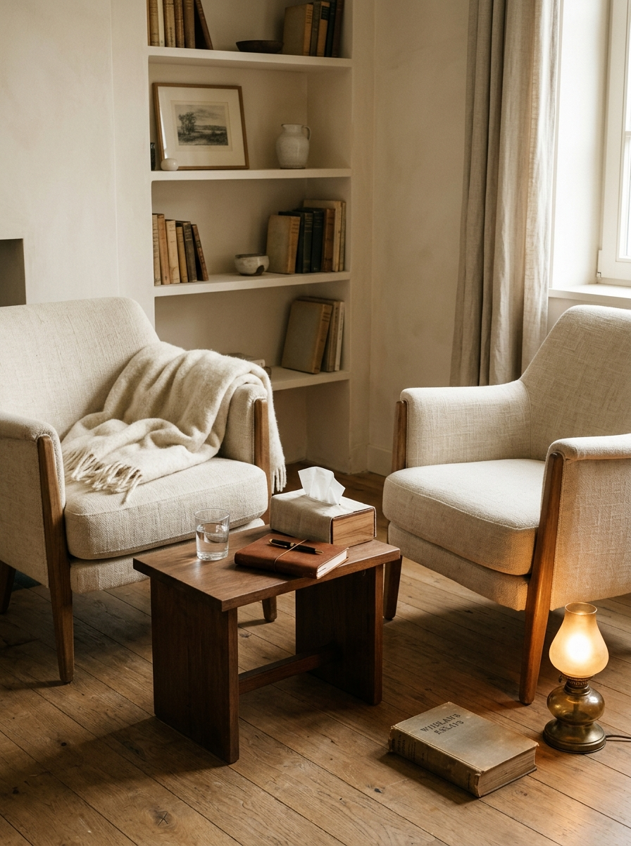 De werkkamer van Studio Kimaro met twee fauteuils en lage tafel