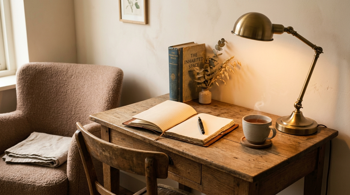 Sfeerbeeld bureau met aantekenboek, brass lamp en thee